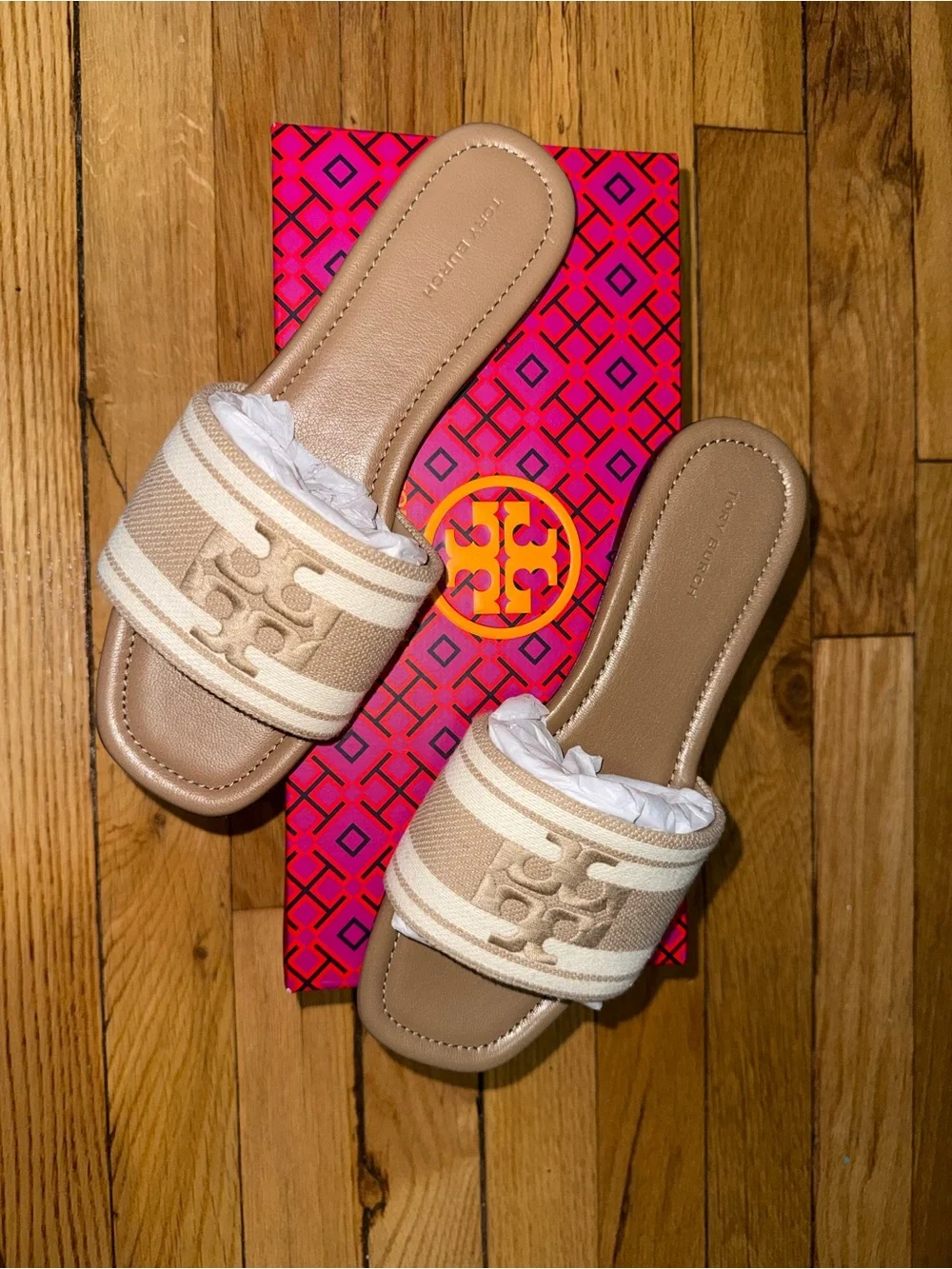 Tory Burch Cammello and Ash White Double-T Jacquard Slide Sandals